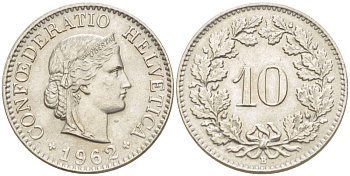 ШВЕЙЦАРИЯ 10 РАППЕНОВ 1962 В KM 27 медно-никель 216-1257
