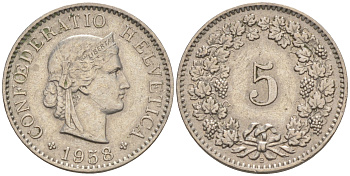 ШВЕЙЦАРИЯ 5 РАППЕНОВ 1958 B KM 26 медно-никель 188-362