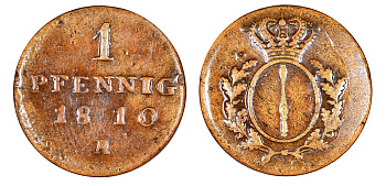 Бранденбург-Пруссия 1 пфенниг 1810 A, в лаке KM 390, Jaeger 4, AKS 40 медь 3459-235