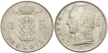 БЕЛЬГИЯ 1 ФРАНК 1970 BELGIE, БОДУЭН I (1951-1993) KM 143.1 медно-никель 119-627