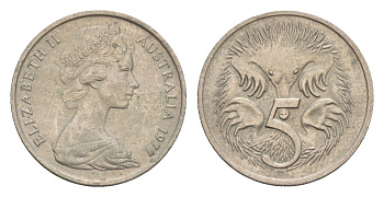 Австралия 5 центов 1977 Елизавета II (1952-2022) молодой портрет, ехидна KM 64 медно-никель 4655-1263