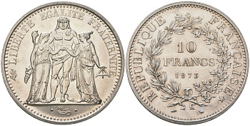 Франция 10 франков 1973 богини Равенства и Братства, Геркулес KM 932 серебро UNC 107-632