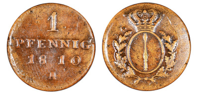Бранденбург-Пруссия 1 пфенниг 1810 A, в лаке KM 390, Jaeger 4, AKS 40 медь 3459-235