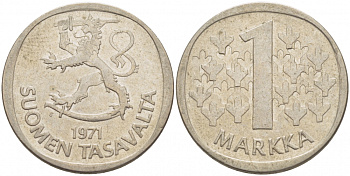 ФИНЛЯНДИЯ 1 МАРКА 1971 S KM 49а медно-никель 3718-737