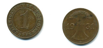 ГЕРМАНИЯ 1 РЕЙХСПФЕННИГ 1931 D KM 37, J. 313 бронза 46-951