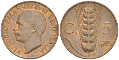 ИТАЛИЯ 5 ЧЕНТЕЗИМО 1923 R, МОНДВОР РИМ, ВИКТОР ЭММАНУИЛ III (1900-1946) KM 59 медь 4525-141