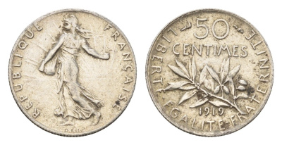 Франция 50 сантимов 1919 KM 854 серебро 54-656