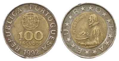 Португалия 100 эскудо 1992 Педру Нуниш (1502-1578), математик KM 645 биметалл 4707-321