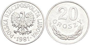 Польша 20 грошей 1981 MW KM A47 алюминий 3336-1234