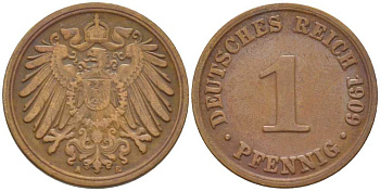 ГЕРМАНИЯ 1 ПФЕННИГ 1909 A KM 10, J. 10, Weege 2 медь 211-416