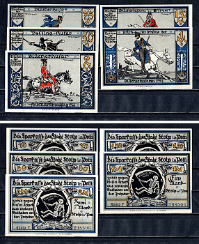 Штольп (Пруссия, Померания) полный набор из 5 нотгельдов (50 и 75 пфеннигов; 1, 1,5 и 2 марки) 1922 Mehl Grabowski 1275.3 бумага UNC (пресс) 7556-58-2-1