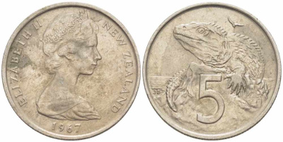 Новая Зеландия 5 центов 1967 Елизавета II (1952-2022), ящерица гаттерия KM 34.1 медно-никель 105-546