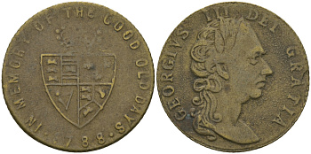Англия жетон, токен ND ГЕОРГ III, В ПАМЯТЬ О СТАРЫХ ДОБРЫХ ДНЯХ желтый металл 99-458
