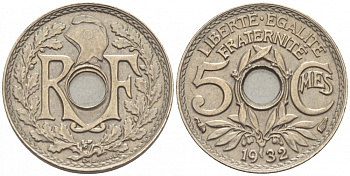 ФРАНЦИЯ 5 САНТИМОВ 1932 ТИП ЛИНДАЙЁ KM 875 медно-никель 3309-1021