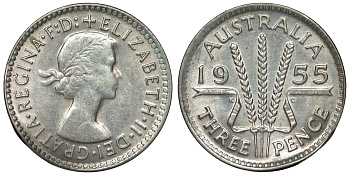 Австралия 3 пенса 1955 m, Елизавета II (1952-2022) KM 57 серебро 71-442