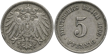 Германия 5 пфеннигов 1900 E KM 11 медно-никель 4392-163