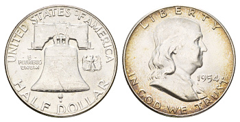 США 1/2 доллара (50 центов) 1954 Бенджамин Франклин, колокол KM 199 серебро aUNC 1530-425