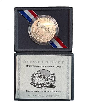 США 1 доллар 1991 P, 50 лет Национальному мемориалу Рашмор, в оригинальной коробке, с сертификатом KM 229 серебро BU 3-4-10-09