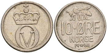 Норвегия 10 эре 1968 пчела, Улаф V (1958-1991) KM 411 медно-никель 4602-254
