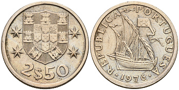 Португалия 2,5 эскудо 1976 парусник KM 590 медно-никель    4160-1217