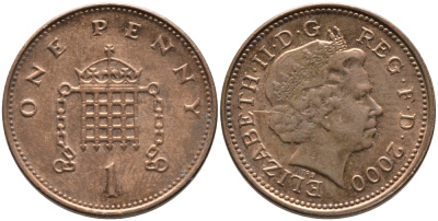 Великобритания 1 пенни 2000 Елизавета II (1952-2022) KM 986, Spink 4710 (B5) сталь плакированная медью 65-916