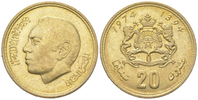 Марокко 20 сантимов 1974 AH1394, Аль Хассан II (1962-1999) Y 61 медь алюминий никель 4364-3753