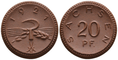 Саксония 20 пфеннигов 1921 колосья и серп J. N 53 фарфор UNC 1094-7-84