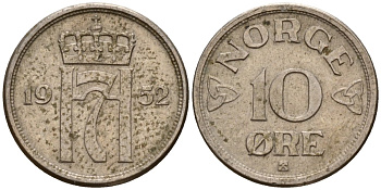 Норвегия 10 эре 1952 Хокон VII (1905-1957) KM 396 медно-никель 4189-749