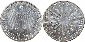 ФРГ 10 МАРОК 1972 J, ОЛИМПИАДА, СПИРАЛЬ KM 134.1, J.401b серебро UNC 1520-1424