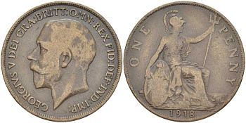 Великобритания 1 пенни 1918 Георг V (1910-1936) KM 810, Spink 4051 бронза 180-1211