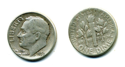 США 10 центов (дайм) 1957 президент Рузвельт KM 195 серебро 76-233