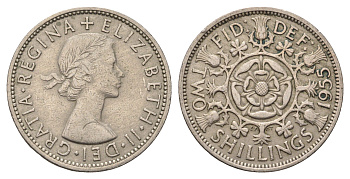 Великобритания 2 шиллинга (флорин) 1955 Елизавета II (1952-2022) KM 906, Spink 4146 медно-никель 4692-343