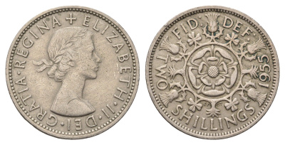 Великобритания 2 шиллинга (флорин) 1955 Елизавета II (1952-2022) KM 906, Spink 4146 медно-никель 4692-343