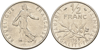 Франция 1/2 франка 1969 сеятель KM 931.1 никель      4602-555