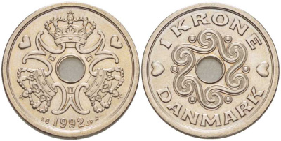 ДАНИЯ 1 КРОНА 1992 LG; JP; A, МАРГРЕТЕ II (1972-) KM 873.1 медно-никель 202-834