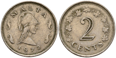 Мальта 2 цента 1972 Пентесилея, царица амазонок KM 9 медь цинк 4154-636