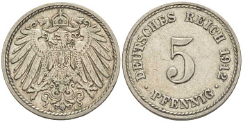 ГЕРМАНИЯ 5 ПФЕННИГОВ 1912 A KM 11, J. 12 медно-никель 105-159