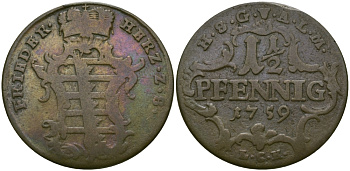 САКСЕН-ГОТА-АЛЬТЕНБУРГ 1 1/2 ПФЕННИГА 1759 LCK KM 9 медь 65-615
