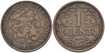 НИДЕРЛАНДЫ 1 ЦЕНТ 1925 ВИЛЬГЕЛЬМИНА (1890-1948) KM 152 бронза 100-837