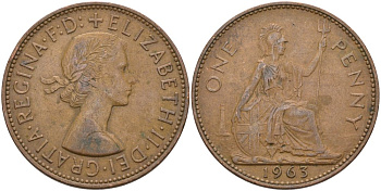 Великобритания 1 пенни 1963 Елизавета II (1952-2022) KM 897, Spink 4157 бронза 4574-223