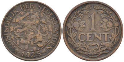 НИДЕРЛАНДЫ 1 ЦЕНТ 1925 ВИЛЬГЕЛЬМИНА (1890-1948) KM 152 бронза 100-837