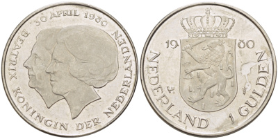 Нидерланды 1 гульден 1980 на коронацию Беатрикс, 30 апреля 1980 KM 200 никель 31-825