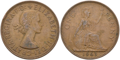 Великобритания 1 пенни 1963 Елизавета II (1952-2022) KM 897, Spink 4157 бронза 4574-223