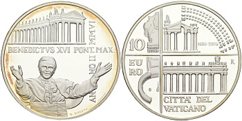 Ватикан 10 евро 2006 Бенедикт XVI, Джованни Лоренцо Бернини, колоннада собора Святого Петра, в оригинальной коробке, с сертификатом KM 384 серебро PROOF 7-1-72