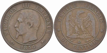 ФРАНЦИЯ 10 САНТИМОВ 1856 D, НАПОЛЕОН III (1852-1870) KM 771.4, LE FRANC 133.35 бронза 38-1142