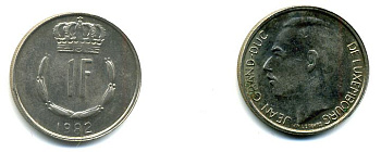 Люксембург 1 франк 1982 Великий герцог Жан (1964-1999) KM 55 медно-никель 57-641