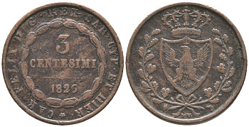ИТАЛИЯ, САРДИНИЯ 3 ЧЕНТЕЗИМО 1826 EAGLE HEAD KM 100.2 медь 34-242