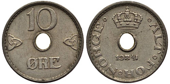 Норвегия 10 эре 1941 Хокон VII (1905-1957) KM 383 медно-никель 4549-953