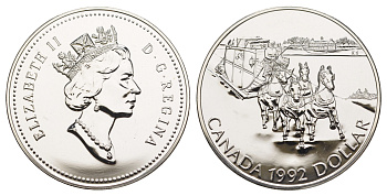 Канада 1 доллар 1992 175 лет Кингстонскому дилижансу KM 210 серебро BU 11-093-44
