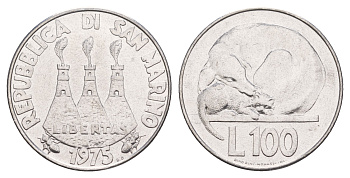 Сан-Марино 100 лир 1975 Любовь у животных KM 46 нержавеющая сталь  UNC  4634-134